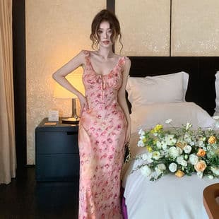 Tea Break French Gentle Elegant V Neck Floral Camisole Dress Beach Vacation Style Waist Cinching Bodycon Maxi Dress