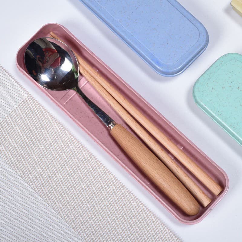 Wooden chopsticks and spoon set for students, children, adults, men and women, travel portable stainless steel tableware three-piece set drop shipping