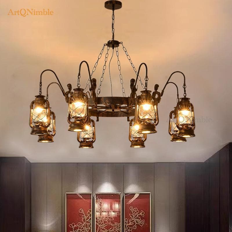 Retro American Country Industrial Style Chandelier, Creative and Unique Nostalgic Dining Lamp with Spotlights for Hot Pot Restaurants and Dining Rooms