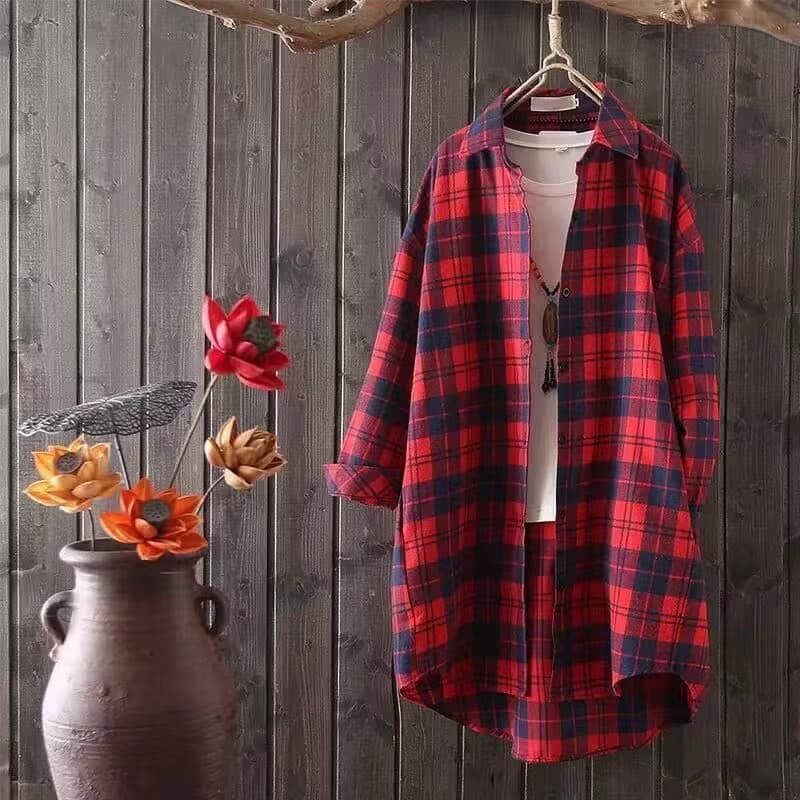 2025 Sun Protection Shirt Spring/Autumn Plaid Shirt for Women, Long Sleeve Loose Fit Student Black and White Mid-Length Plus Size Shirt