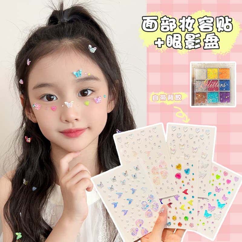 Children's Face Painting Stickers for Little Girls, Glitter Diamond Face Decals with Shell, Fish Tail, and Butterfly 3D Face Stickers