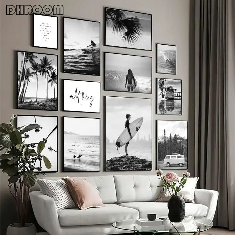 Nordic Modern Black and White Beach Surfing Landscape Poster Unframed Canvas Wall Art for Living Room Bedroom Background Wall