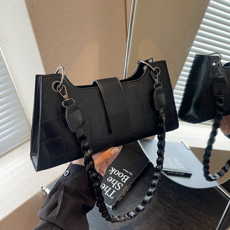 Women's Crocodile Pattern Retro Underarm Bag, Niche Design Textured Western Style Single Shoulder Black Baguette Bag Wholesale