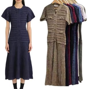 Women Lurex Hollow Out Knit Long Dress O-Neck Button Short S