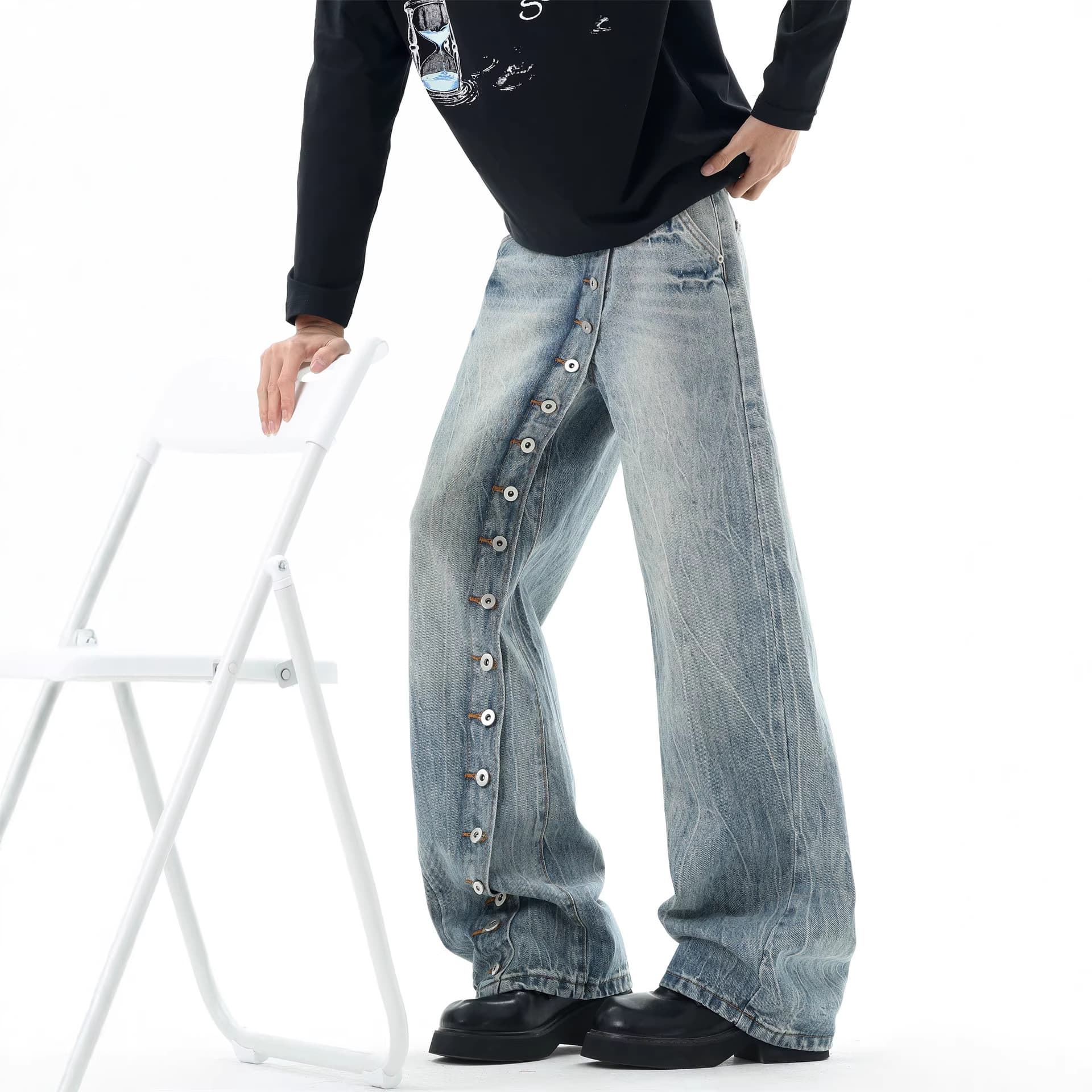 American Vintage Washed Button-Fly Straight-Leg Jeans for Men, Designer Niche Loose Casual Versatile Wide-Leg Pants