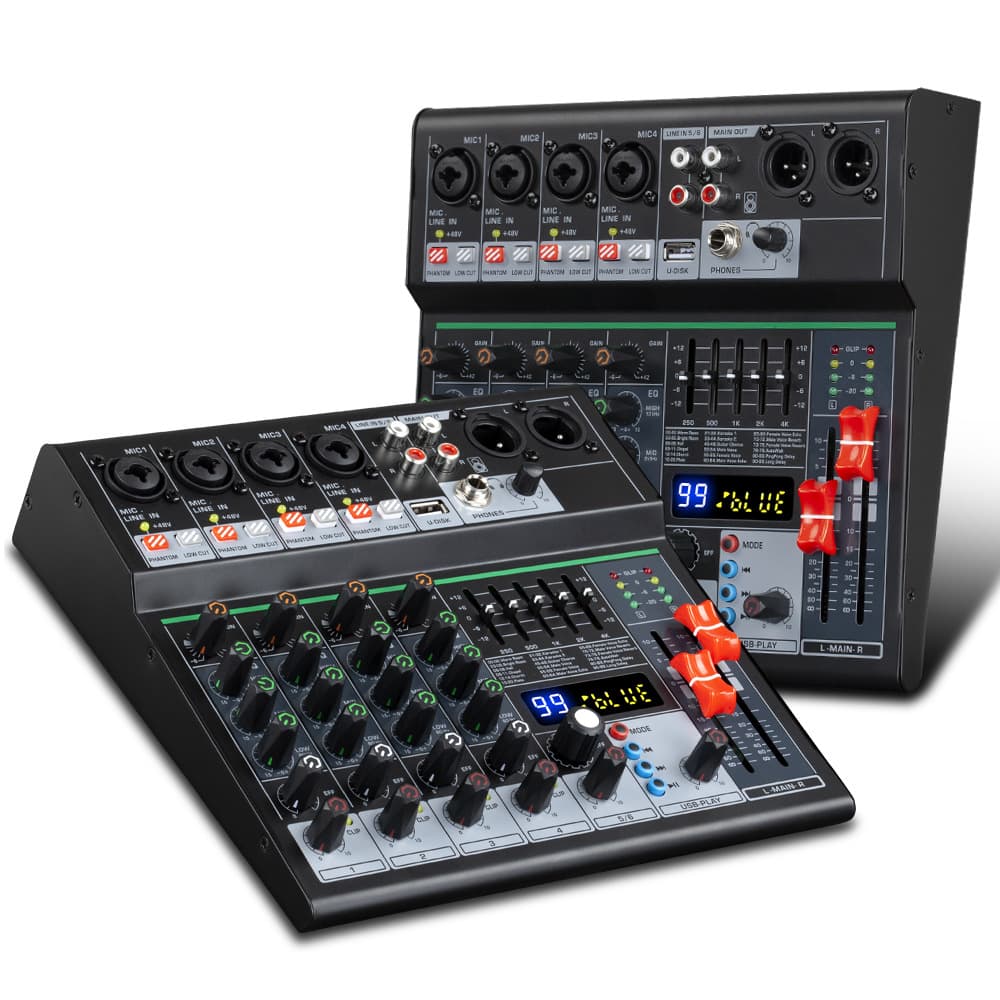 Small live broadcast mixer, high and low gain equalization adjustment mixer, Bluetooth USB recording and monitoring mixer