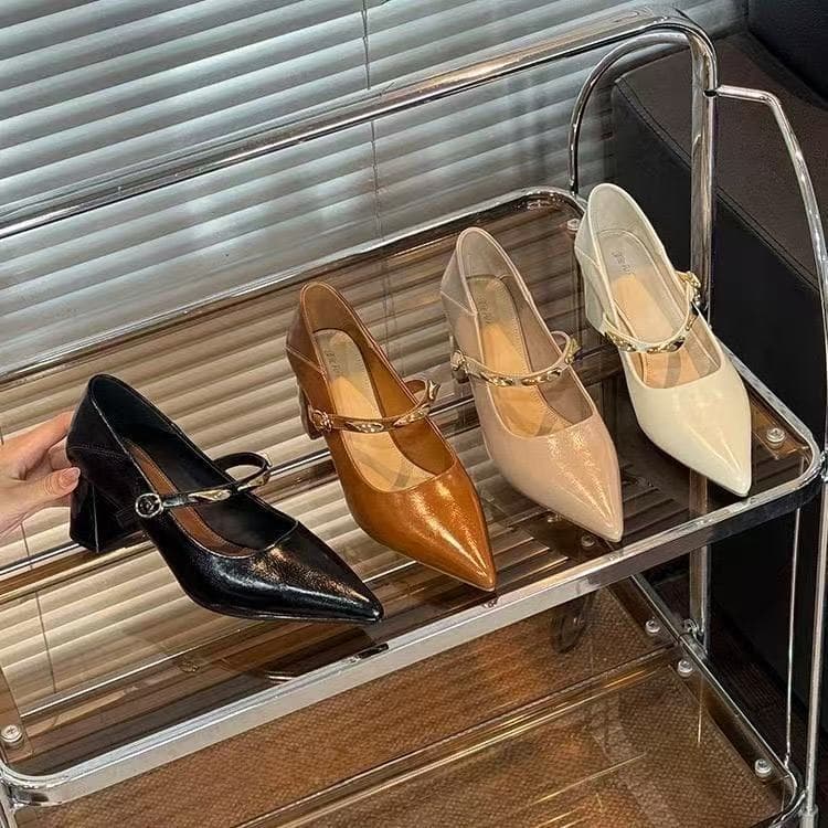 Shoe Lady Chunky Heel Mary Jane Shoes Retro Leather Shoes Women Pointed Toe Low-Cut Flats