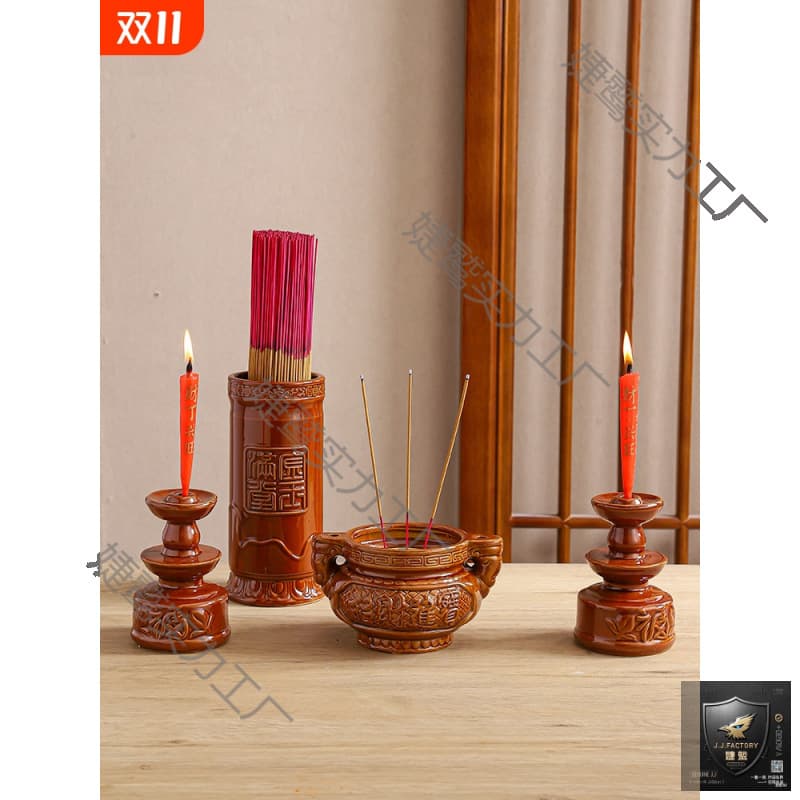 Ceramic Buddha Candle Holder Set with Incense Tube for Home Shrine and Wealth Attraction