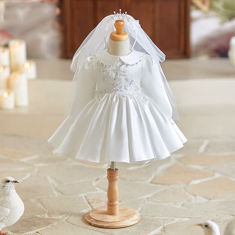 White Princess Dress for Girls, Little Flower Girl Wedding Classy Dress, Children's Host Girl Birthday Tutu Skirt with Long Sleeves