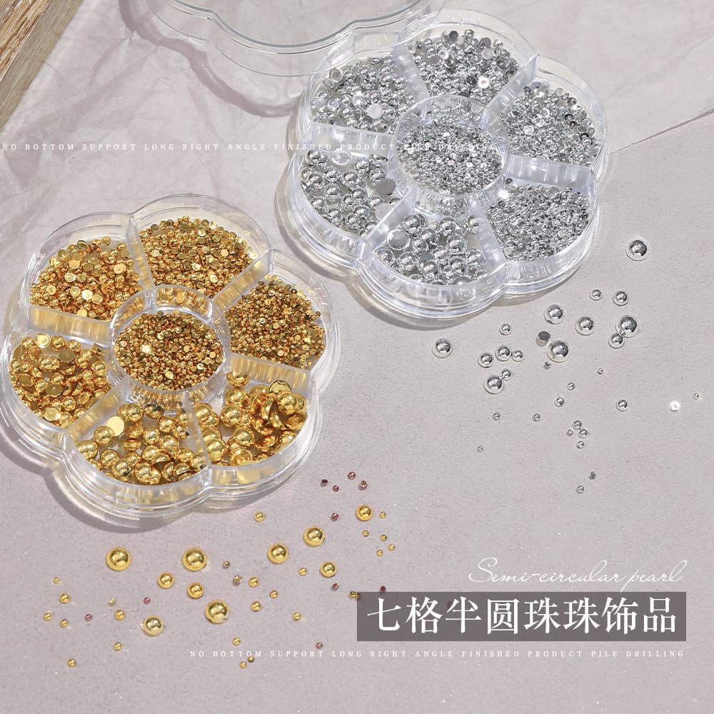 Half Round Pearl Nail Art Decorations 7-Grid Box Set Silver and Gold Half Round Small Water Droplets DIY Resin Nail Art Accessories
