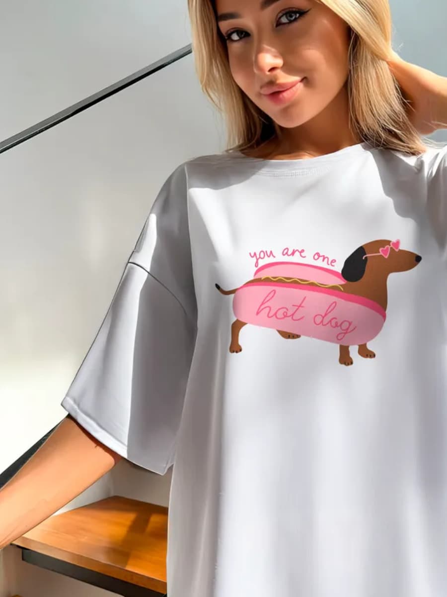 European and American Style, Trendy, Versatile, Niche, Cute, Fun, Age-Reducing, Dachshund Print, Summer New Style, Pure Cotton Short-Sleeve