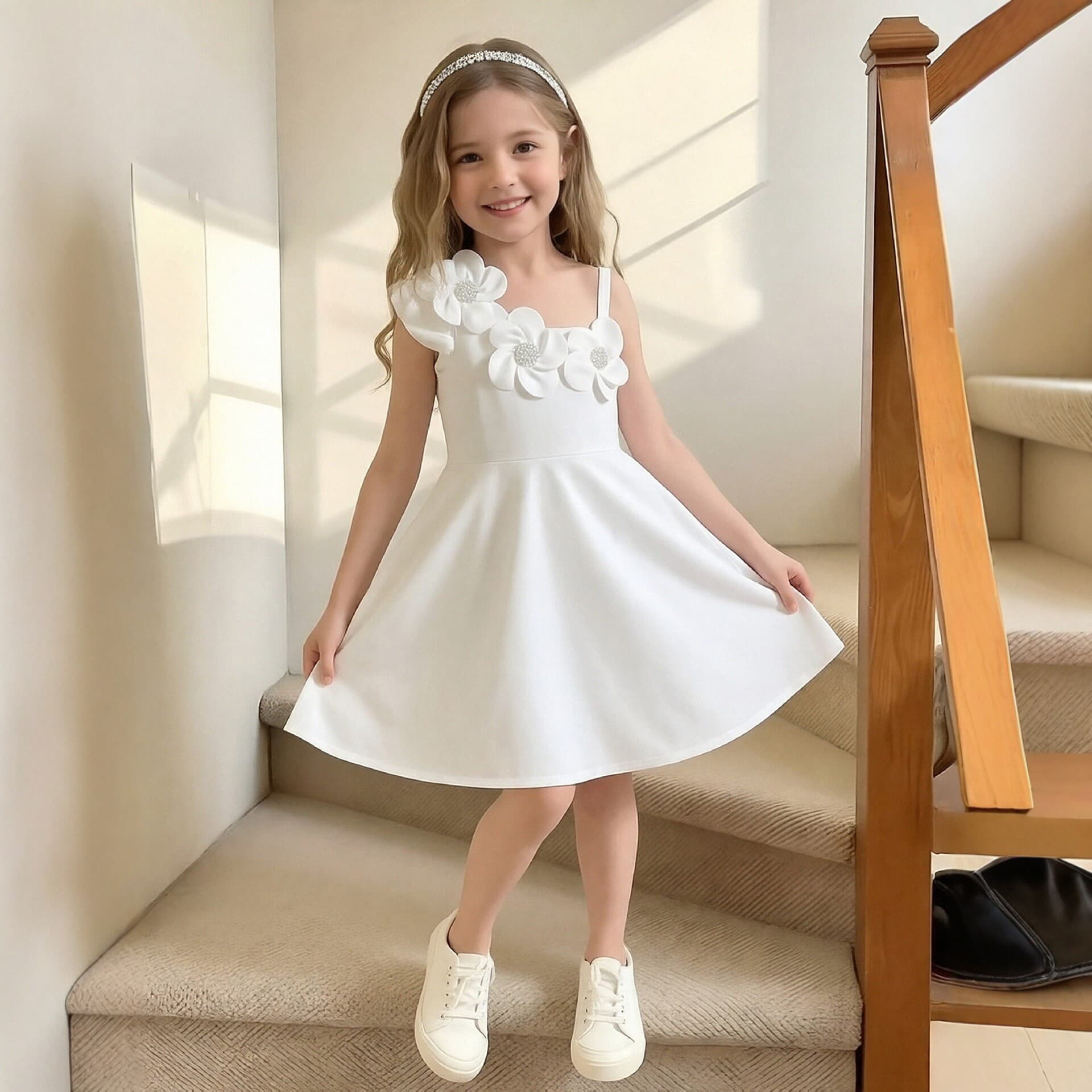 Spring and Summer Girls' White Princess Dress with Three-Dimensional Floral Decoration for Birthday Party Performance, Suitable for Ages 4-7