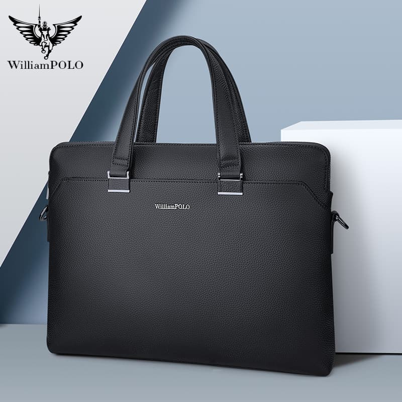 Paul King Men's Business Bag Leather Handbag Horizontal Computer Bag Waterproof for Business Travel Pure Color Polyester Lining