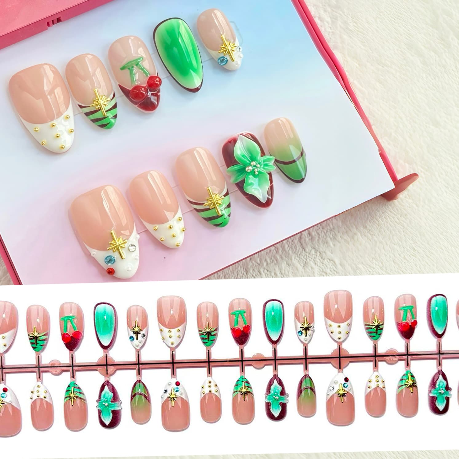 French Vintage Little Spicy Girl Japanese Wearable Nails Brown-Green Contrast Ultra-Short Almond Cross-Border Bestseller White Women Nail Tips