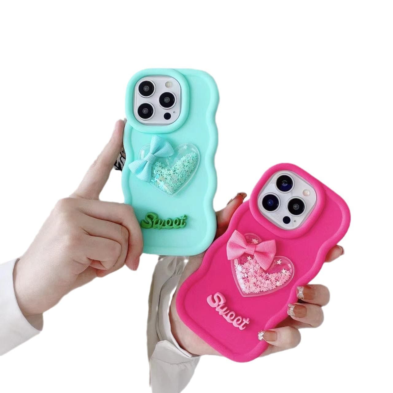 Compatible with iPhone 16 Case Wave Macaron Apple 17 3D Heart Glitter Liquid 14 Pro Soft Protective Case
