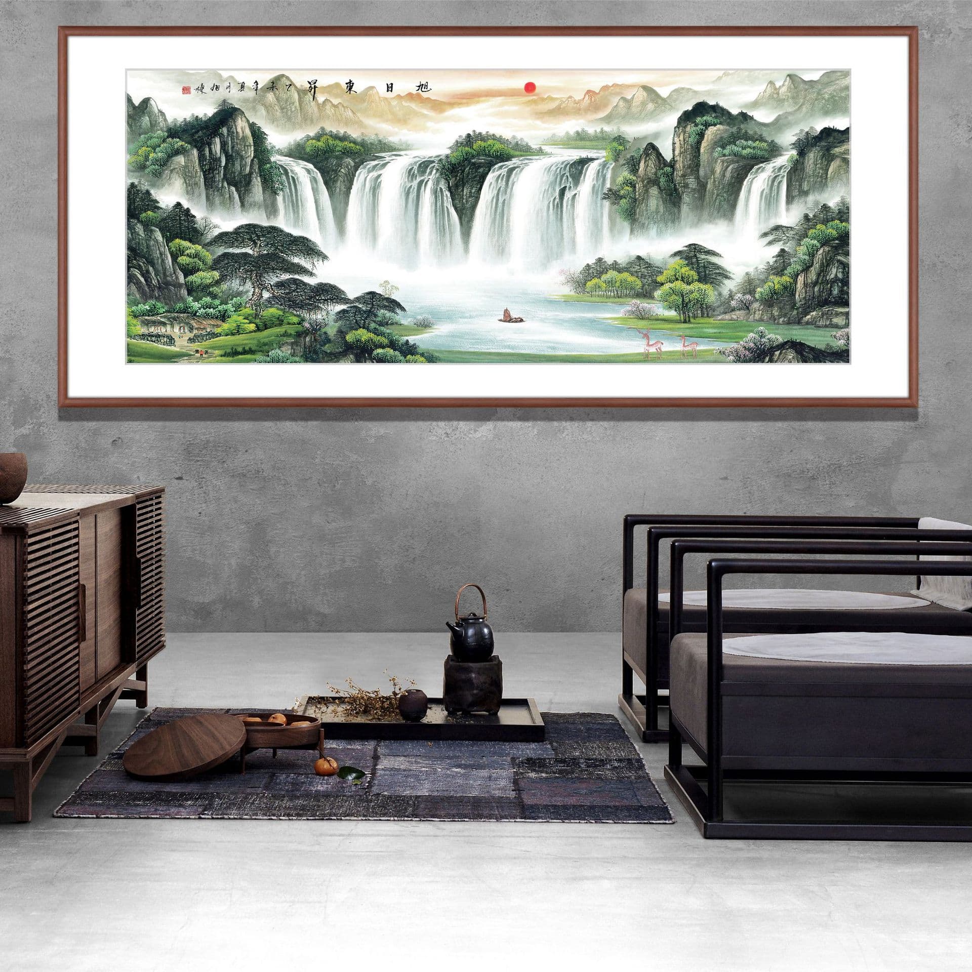 Rising Sun New Chinese Landscape Painting, Office Calligraphy and Painting, Grand Hanging Painting, Living Room Sofa Wall, Flowing Water Brings Wealth Mural