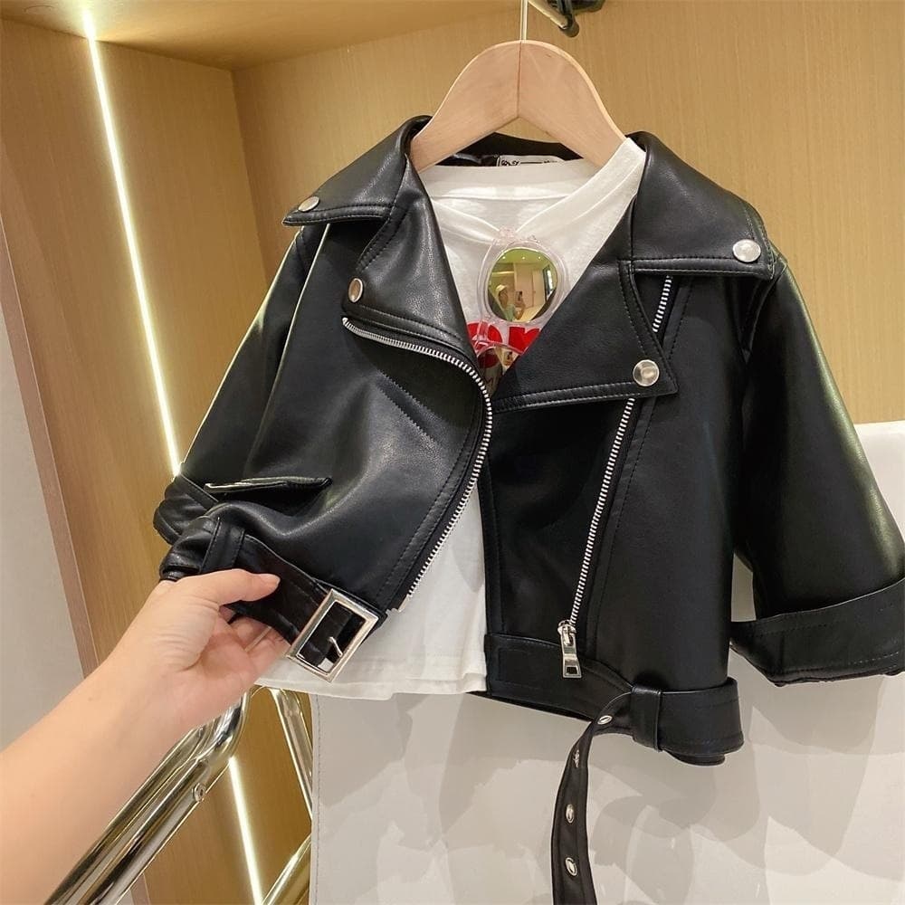 Cross-border Boys and Girls Long Sleeve Lapel Leather Jacket 2026 Fall New Arrival Toddler and Kids Korean Style Cool Girl Motorcycle Leather Jacket