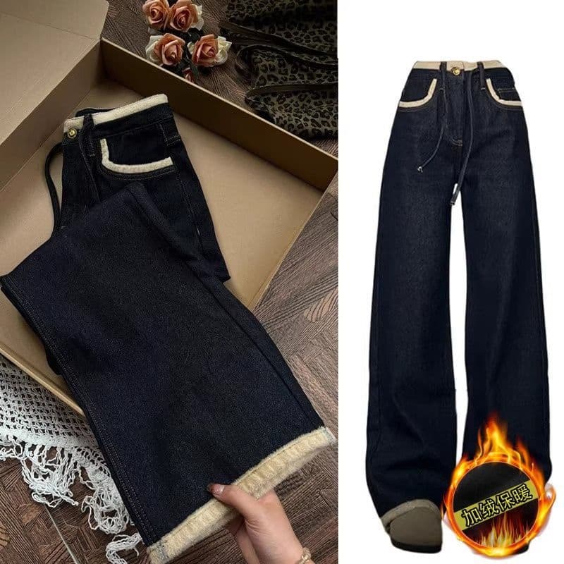 Retro dark blue velvet thickened jeans for women in autumn and winter new design lazy and loose wide-leg pants