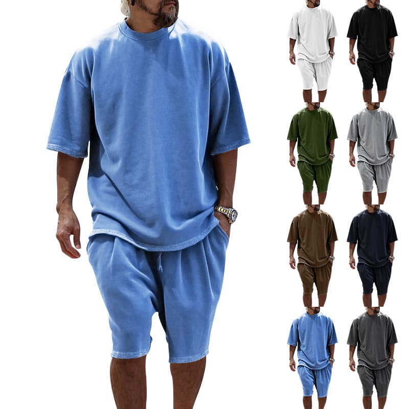 Amazon Hot Selling Men's Sportswear Set Terry Loose Summer Short Sleeve Men's Fashion European and American Casual Wear