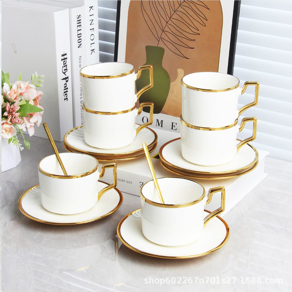 Cross-Border Electroplated Ceramic Coffee Cup and Saucer Set with Saudi Gold-Plated Rim, Six Cups and Six Saucers, Gift Box, Luxury Turkish Tea Cup