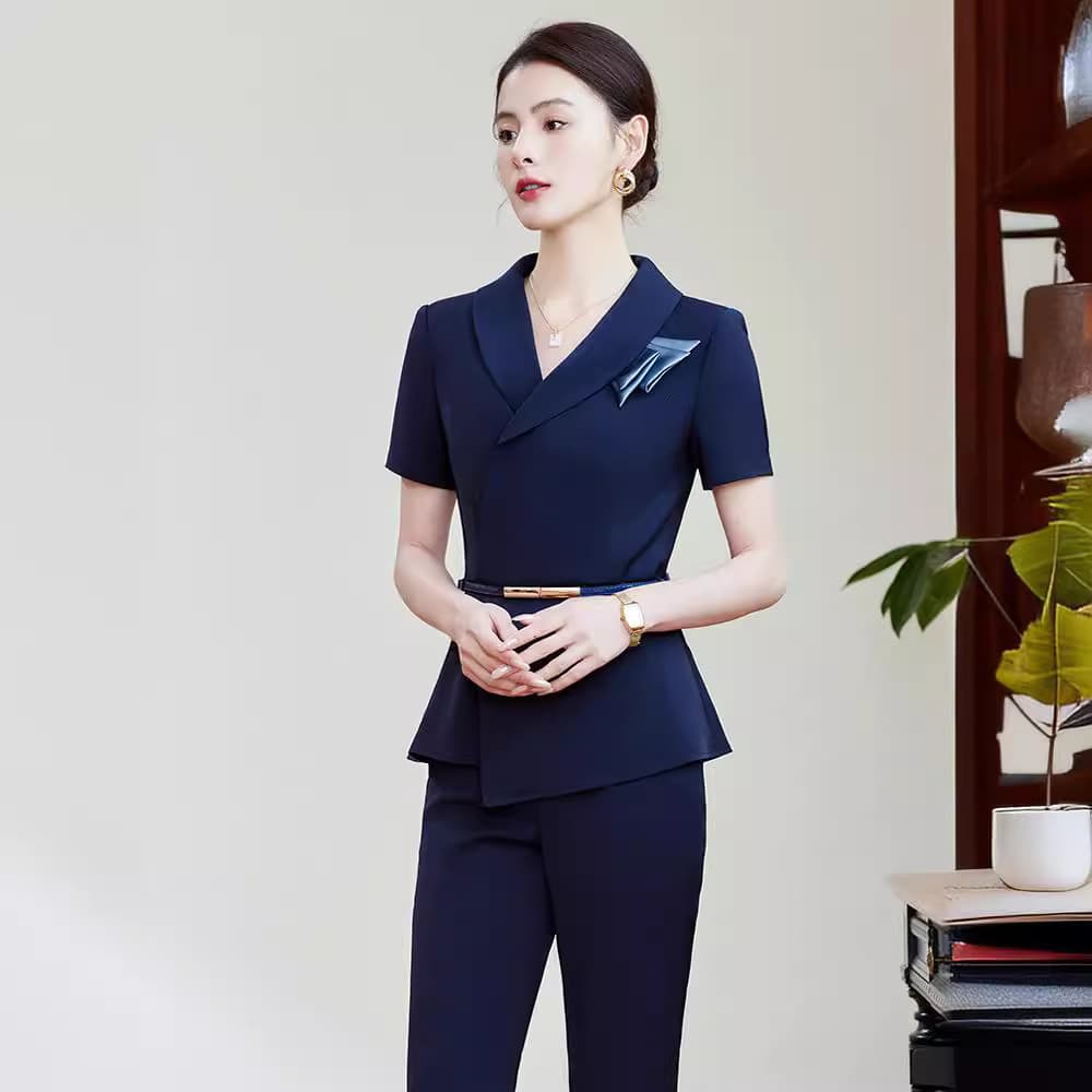 Black summer silk scarf style professional suit for women, elegant and fashionable, suitable for hotel receptionists, sales offices, and beauty salons.