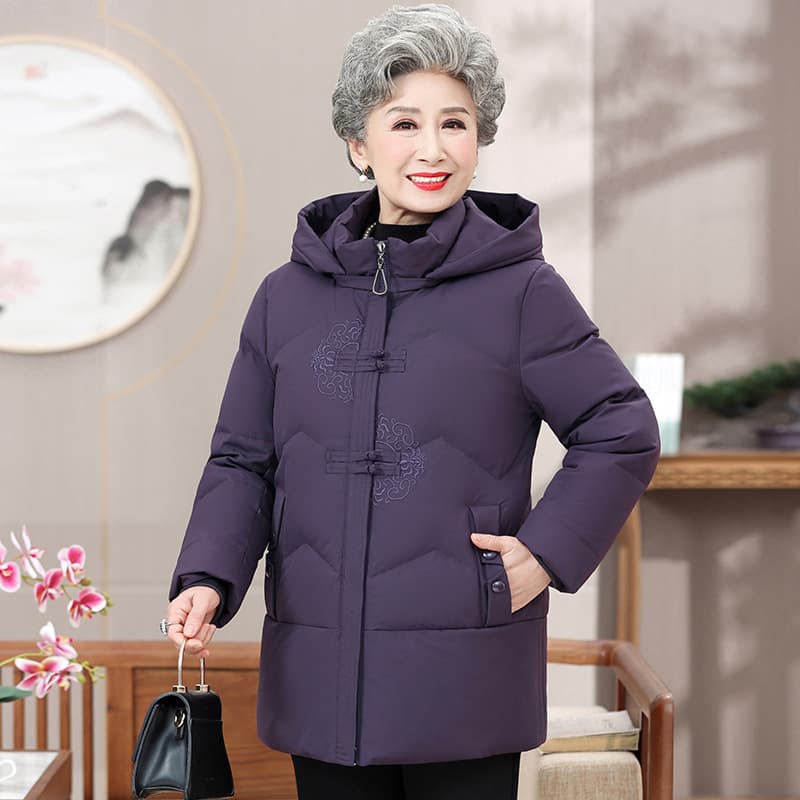 Middle-aged and elderly women's mid-length down jacket, winter wear for moms, thickened plus-size coat for 60-70 year old grandmas with hood.