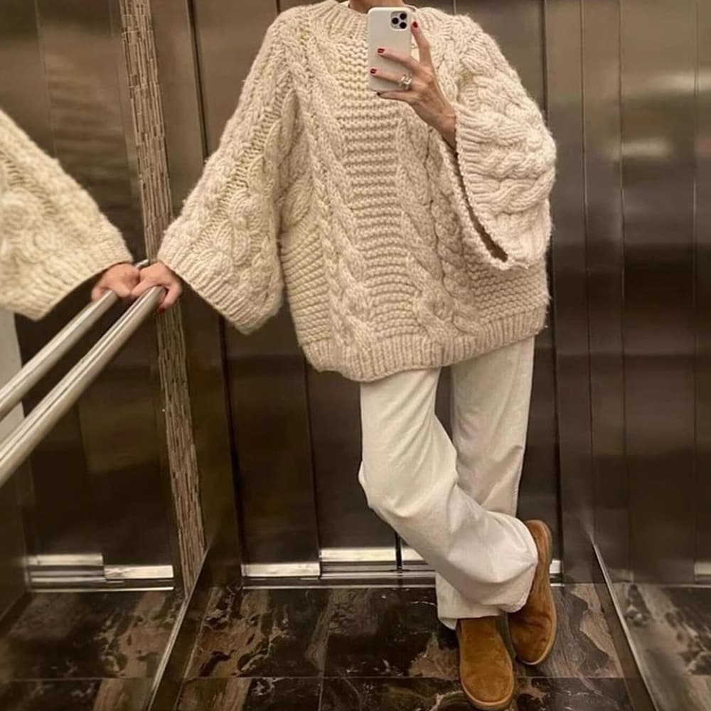 Cross-border European and American clothing casual retro sweaters round neck bell sleeves knitted autumn and winter lazy style versatile tops long sleeves