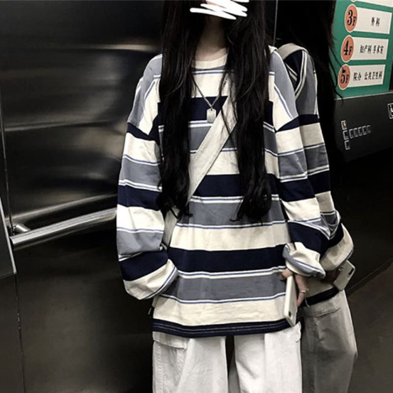 Hyun Ya Style Popular Striped Loose Top Instagram Spring and Autumn New Korean Style Internet Popular Foreign Style Long Sleeve Large Size T-Shirt for Women