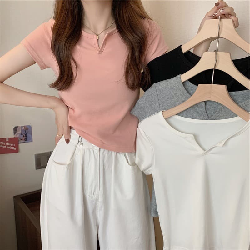 Sexy V-Neck Cropped Design Sensibilityslims Women's T-Shirt Solid Colors Short Sleeves Summer Fashion Outlet Women's Clothing
