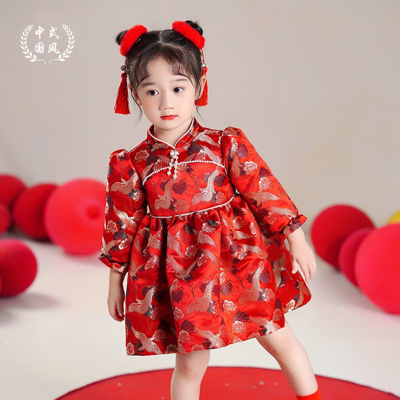 Children's Chinese Style First Birthday Dress Winter Baby Chinese New Year Dress Red Dress High-End Birthday Party