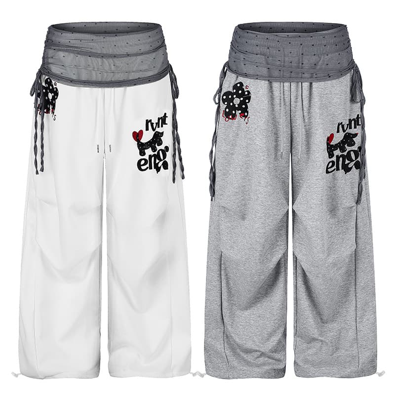 KoiGain Double-Layer Folded Waistband Mesh Polka Dot Wide-Leg Pants Cartoon Embroidered Pleated Cuffed Casual Pants