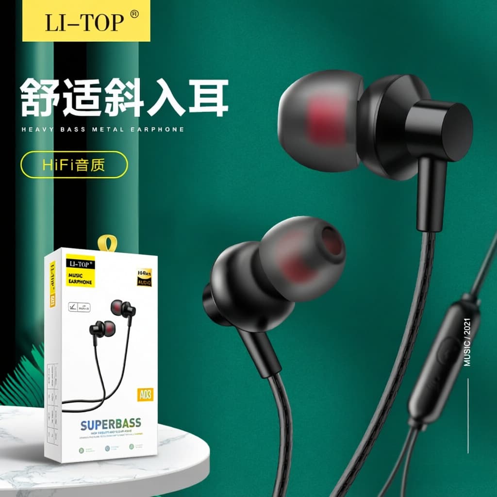 A03 In-Ear Angled Metal Bass Music Earphone Wired Tuning Cable with Mic and Call Control, Earbuds with Box