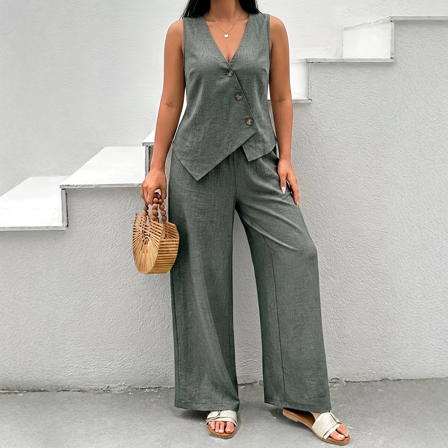 European and American Cross-Border Vest Set: Long Pants, V-Neck Tank Top, European and American Style Casual Plus Size Cardigan Top with Wide Leg Pants