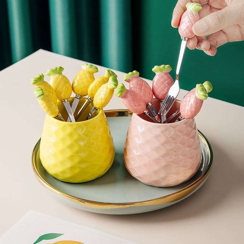 304 Stainless Steel Fruit Fork Set with Children's Safety Belt Storage Jar, High-End Creative Cute Fruit Picks for Home