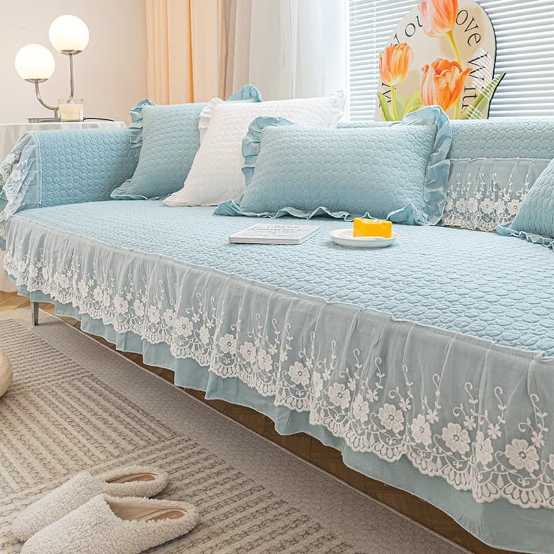 Korean Style Pure Cotton Sofa Cushion, Fresh Blue Pad, Non-Slip, All-Season, Modern Minimalist Sofa Cover