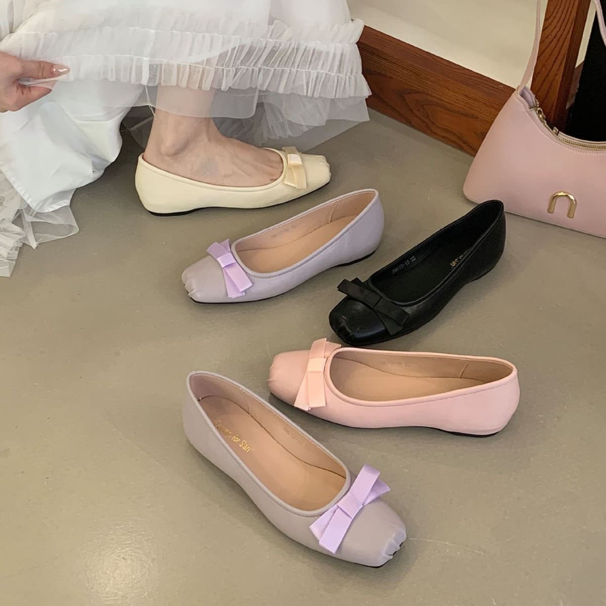 2026 Square Toe Soft Leather Bow Ballet Flats with Hidden Heel Fairy Style Commuter Mary Jane Shoes for Women
