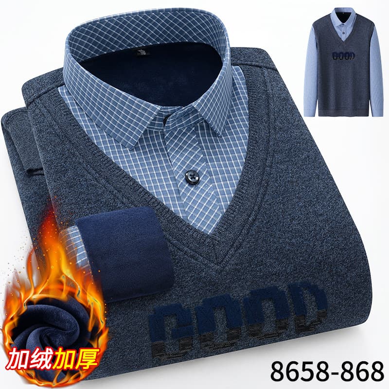 2024 Winter Two-in-One Warm Shirt Fleece Lined Thickened Cotton Business Casual Men's Pullover Knitted Sweater Shirt