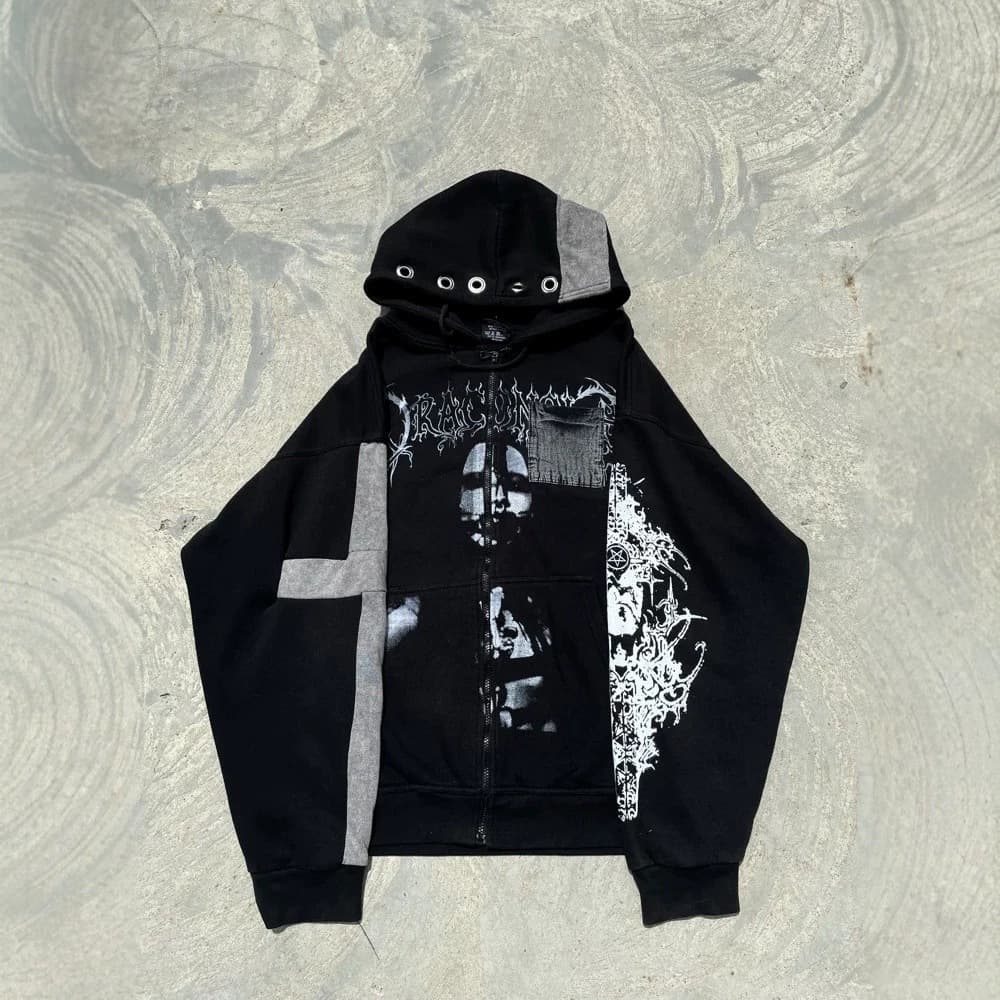 Cross-border European and American style dark splicing portrait print hooded sweatshirt for men and women high street distressed cardigan jacket