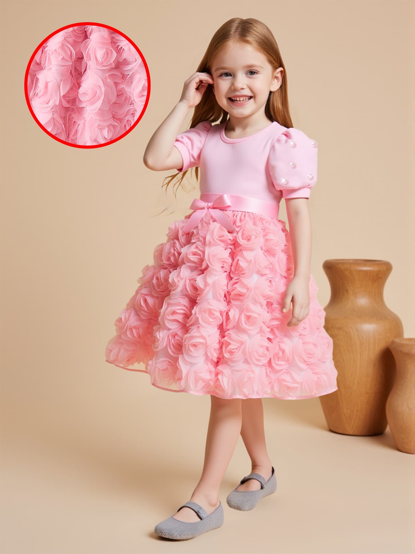 Girls' Dress, Pearl Short Sleeve Rose Dress