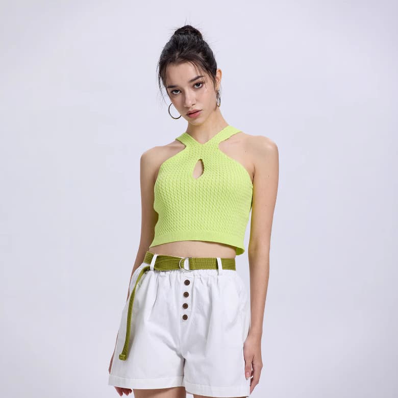 25 new summer style female European and American hotties solid color sexy cross halter vest hollow short navel-baring knitted top