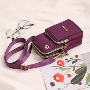 Large Capacity Phone Bag for Women, Vertical Printed Phone Pouch, Three-Layer Zipper, Neck Strap and Arm Bag, Oxford Fabric, Shoulder and Crossbody