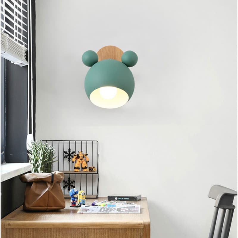 Nordic creative macaron wall lamp, minimalist personalized bedroom Mickey original wood cartoon warm children's room bedside light