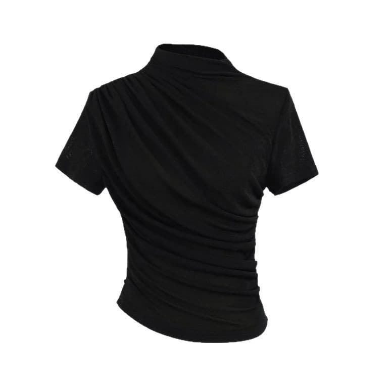 2025 Summer New Women's European and American Trendy Solid Color Stand Collar Short Sleeve Mesh Undershirt Top T-Shirt