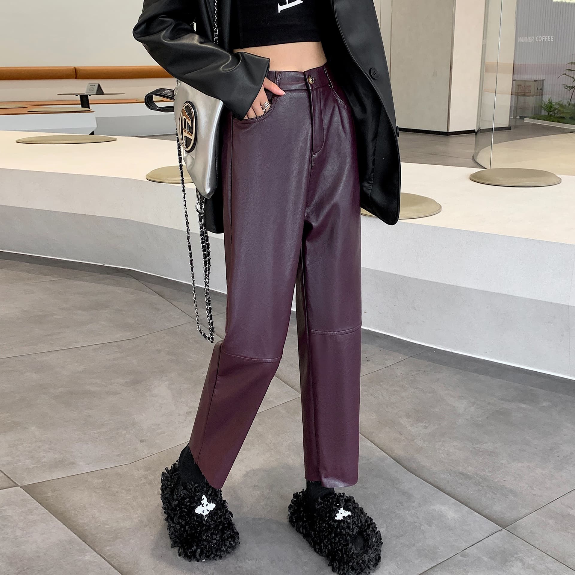 Black Leather Pants Women's Fall Winter New High-Waist 9-Length Boot Cut Casual Pants Slim Fit Versatile Straight Leg