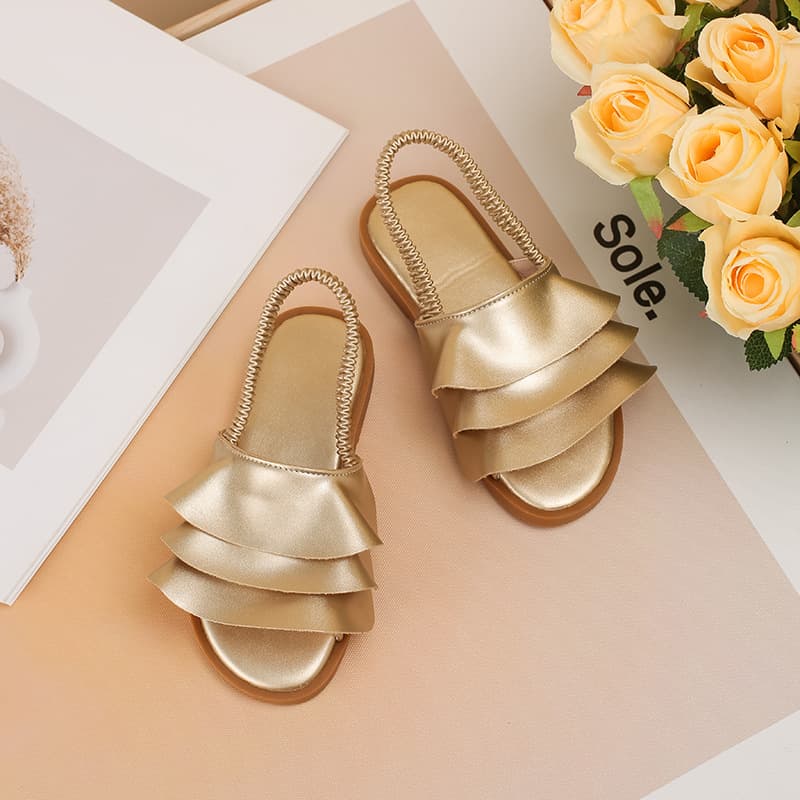 New Export Style Lotus Leaf Ruffle Girls Sandals Gold Elastic Beach Shoes Pleated Slide Princess Shoes