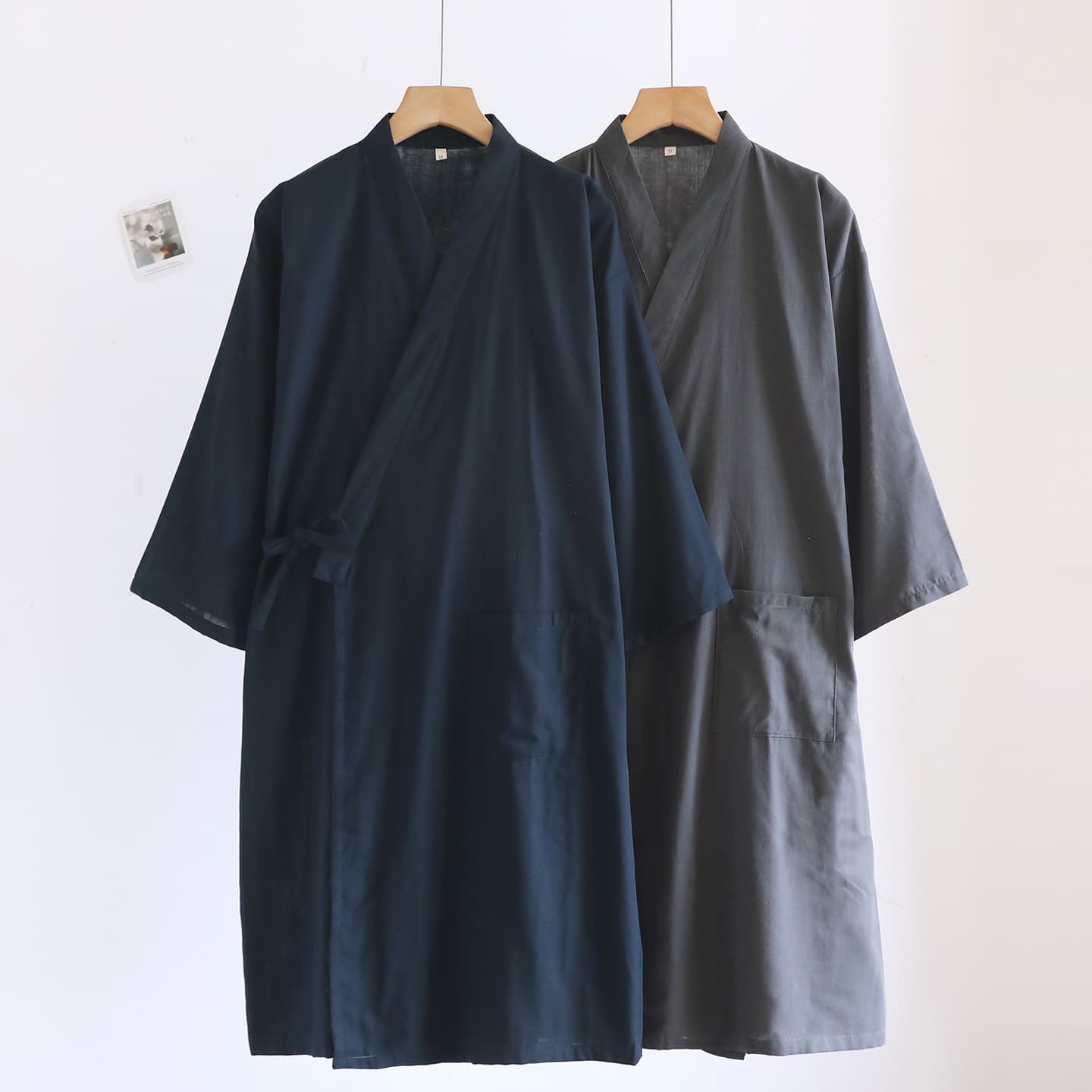Japanese Spring/Summer Thin Cotton Gauze Bathrobe Men's Mid-Length Yukata Open Front Large Size Tie Waist Hanfu Robe