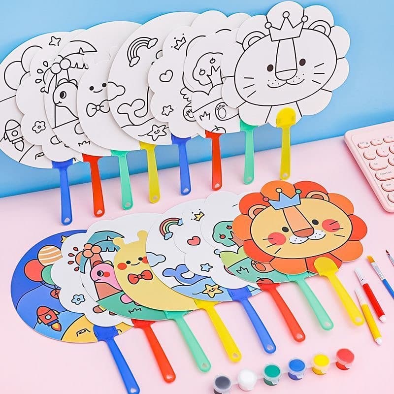 Cartoon Children's Drawing Graffiti Paper Fan Multiple Patterns Hand Coloring Summer Thin Fan Children's DIY Craft Fan