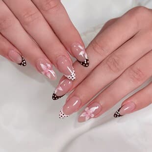 Nude Transparent Black Polka Dot French Almond Wearable Nails Hand-painted Pink White Flowers Gentle Pure Desire Long Style Slimming Hand Nails