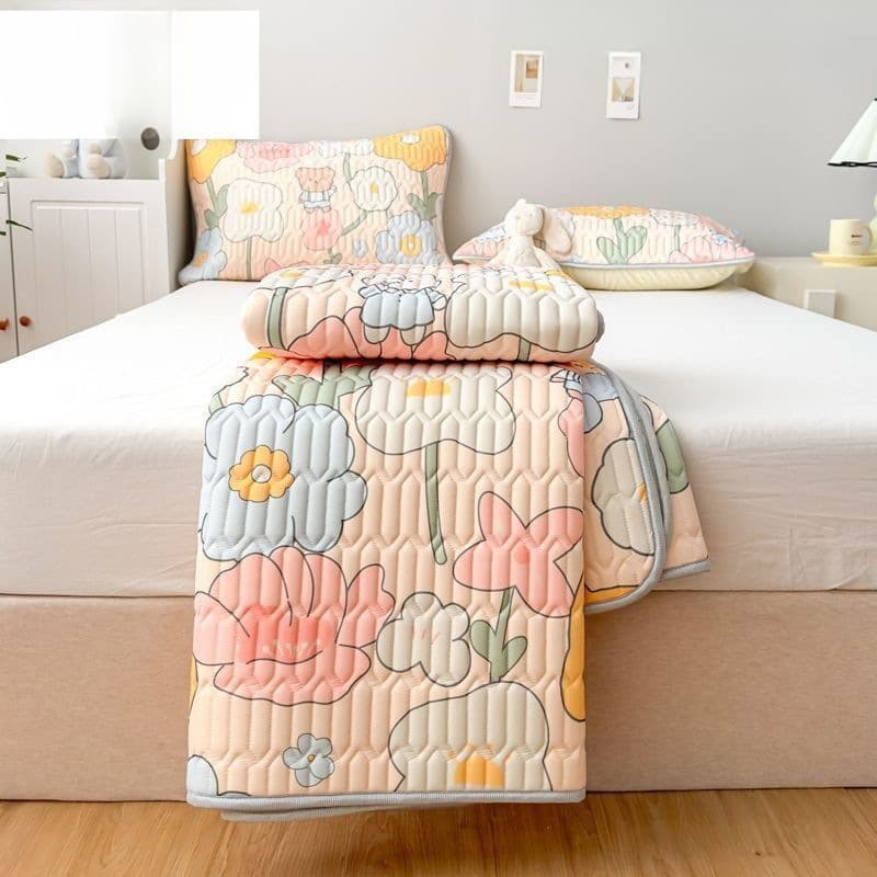 Bed Protector Single Thick Ice Silk Mat Dorm Latex Cooling Mat 3-Piece Set Summer Machine Washable Anti-Slip Double