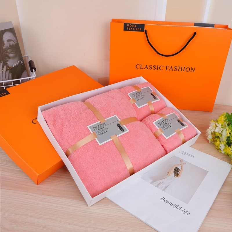 Wholesale large orange gift box coral velvet souvenir towel set box bath towel set company annual meeting gift towel